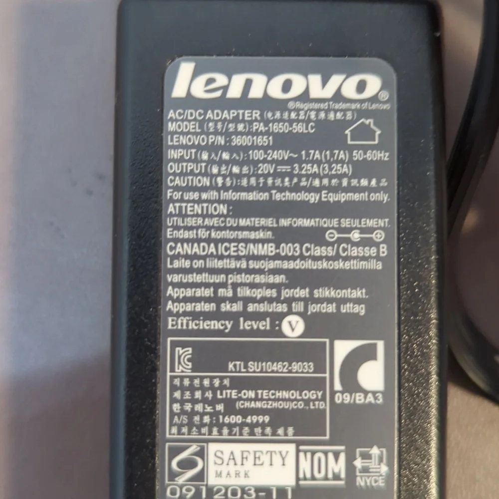 Lenova power cord ac/dc adapter pa 1650 65lc model 36001651 laptop power cord